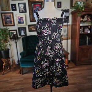 Madison Leigh Floral Dress Black Neon Pink Yellow Smocked Fit Flare Women 16